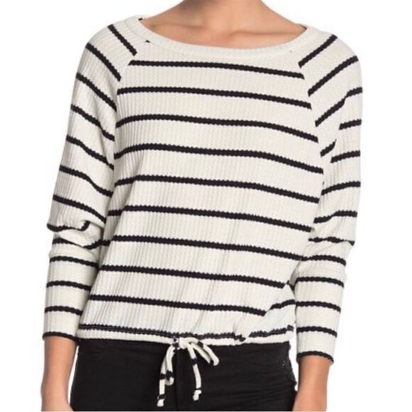 Chaser Tops - Chaser off white and black stripe waffle slouchy top with drawstring size small
